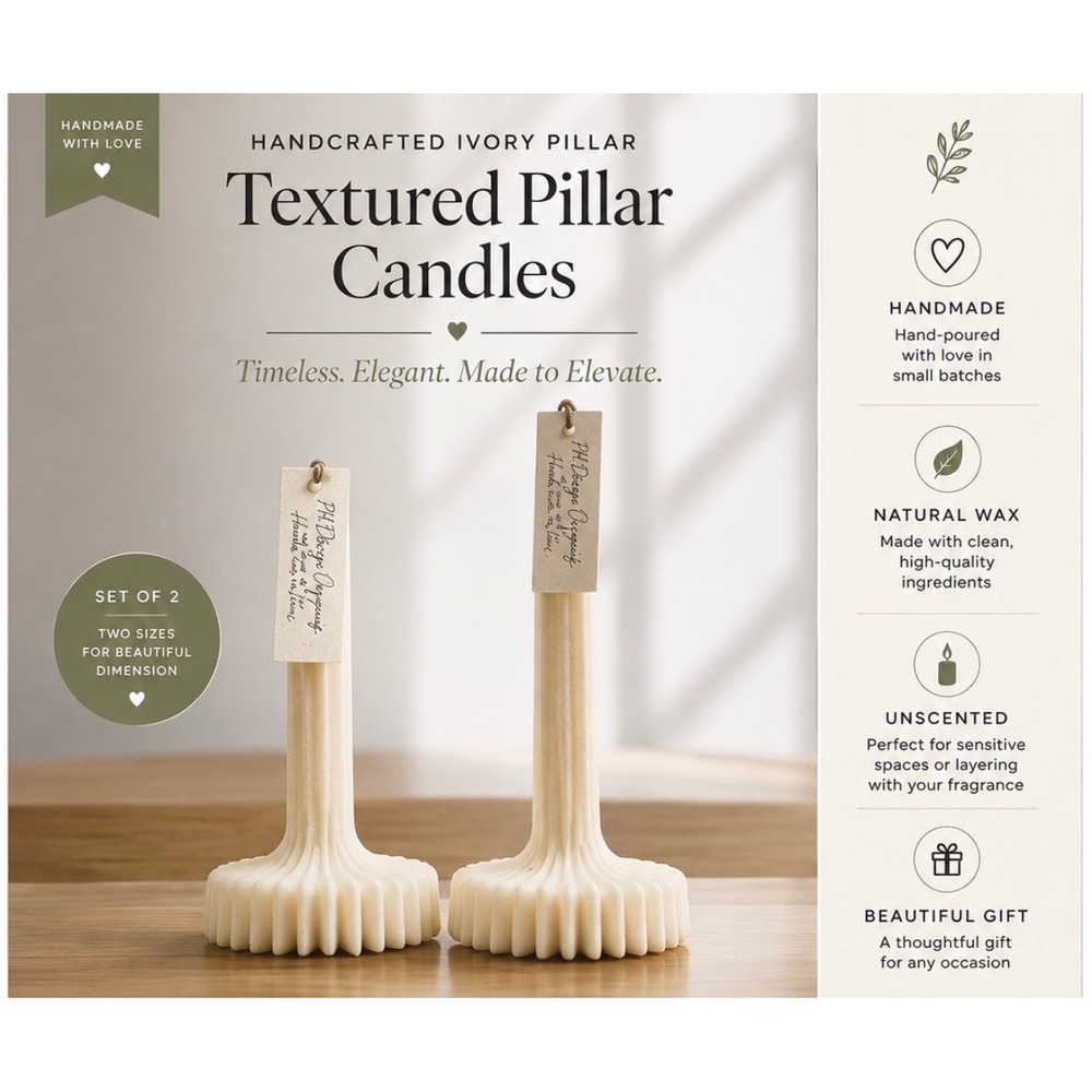 PH Design Organics Sculptural Pillar Candles Set of 2 Ivory Fluted Soy Wax NEW